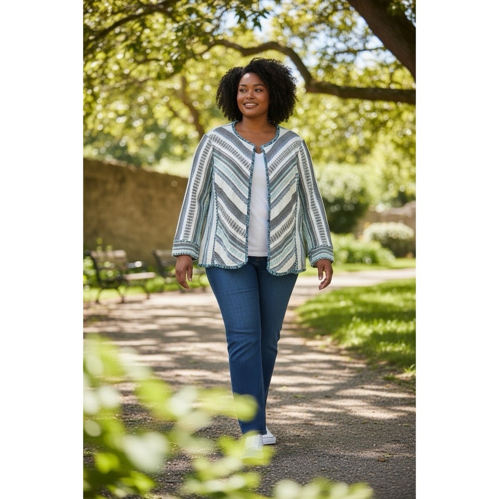 Chicos Sweater Jacket XL (3) Structured White Blue Fringe Snaps Pockets Cotton B